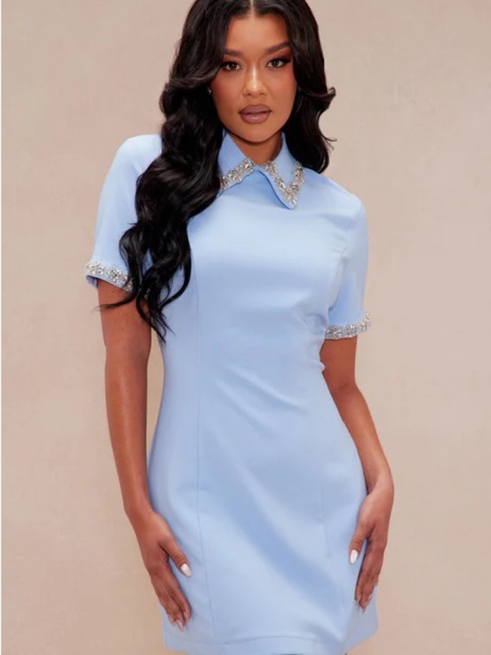 Fashion Nova Light Blue Embellished Collar Short Sleeve Mini Dress